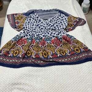 Ark & Co White and Blue Printed V-Neck mini  dress  Sz S. 0727